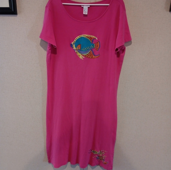 Vintage Go Softly Patip Pink Fish Print Dress 100%cotton Size L - Picture 2 of 8